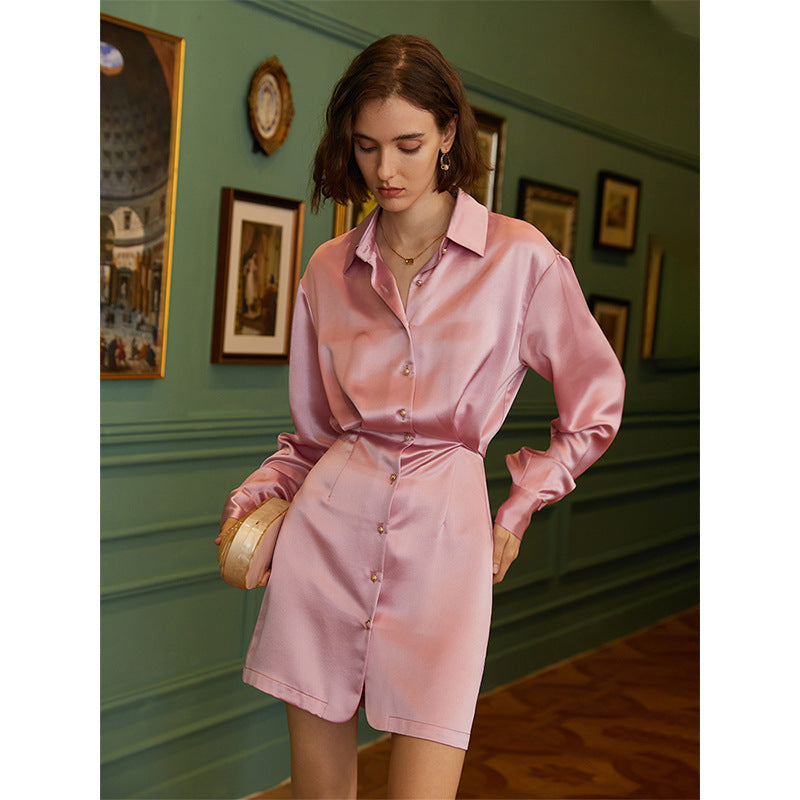 Pink satin shirt dress best sale