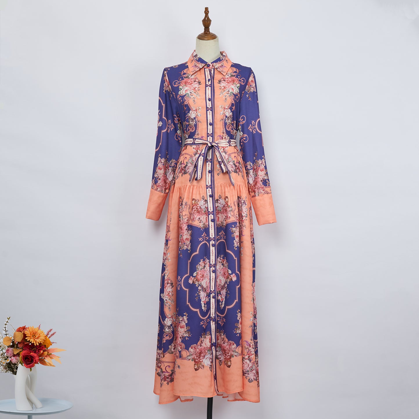 Printed maxi dress with belt