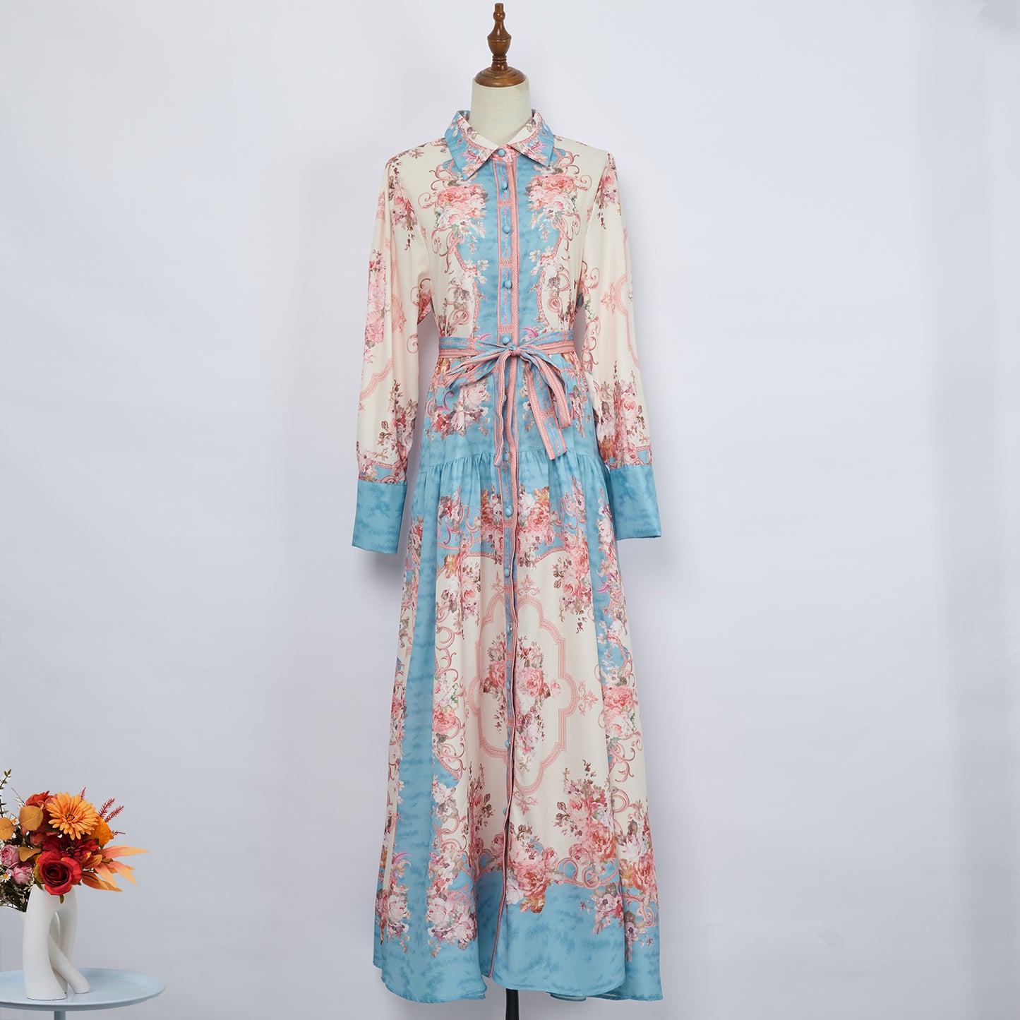 Printed maxi dress with belt