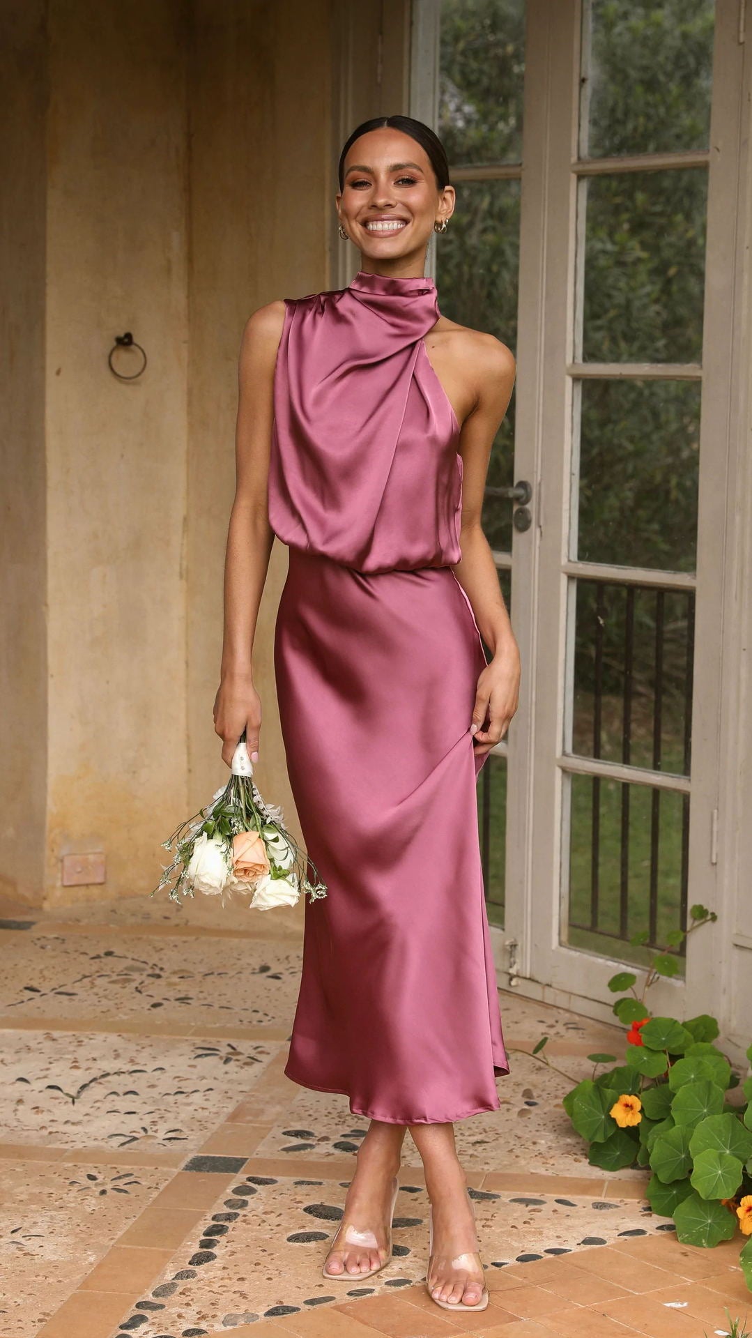 Sleeveless Halter neck Satin Dress