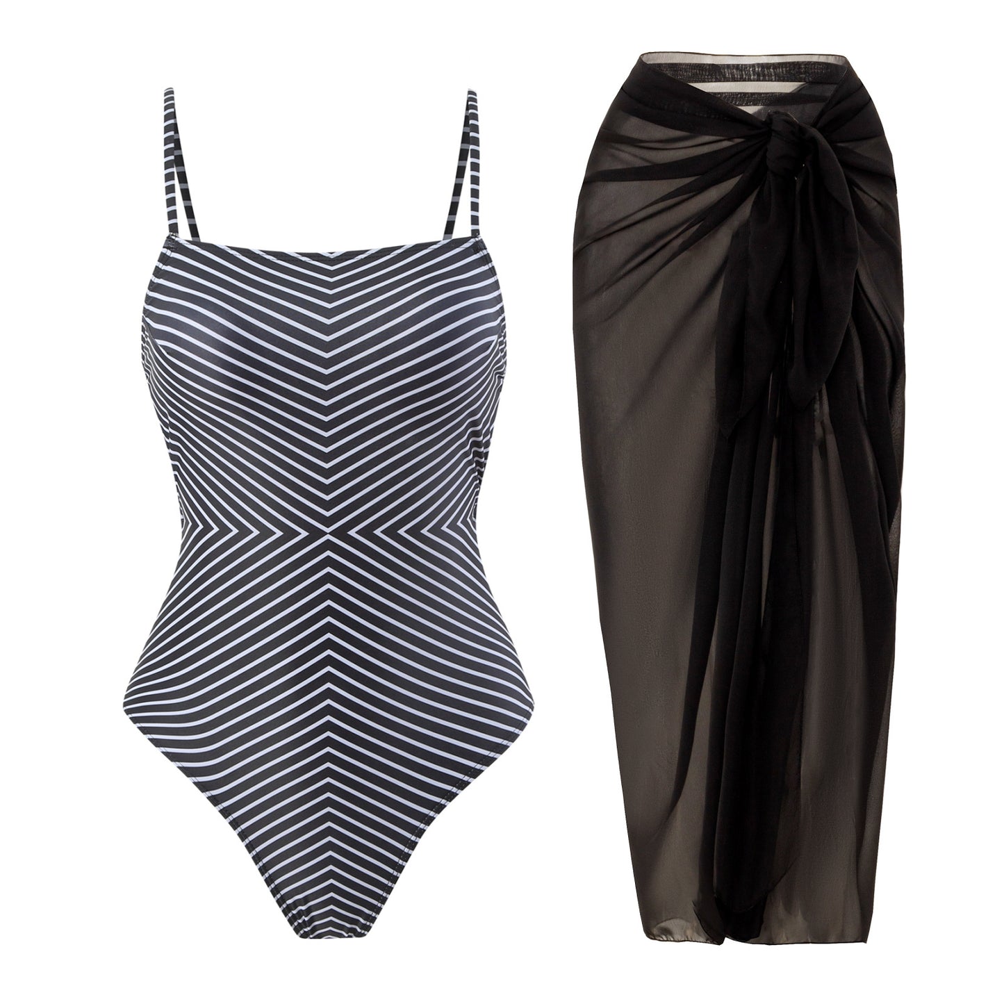 Stripe swimsuit with sarong