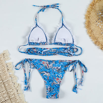 Printed lace trim bikini set