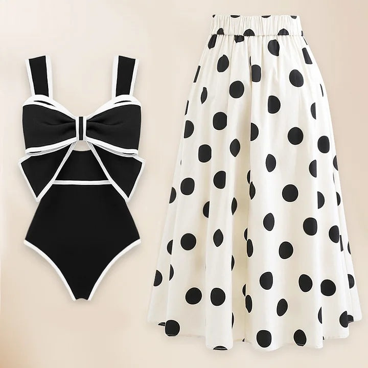 Bow front swimsuit with matching skirt