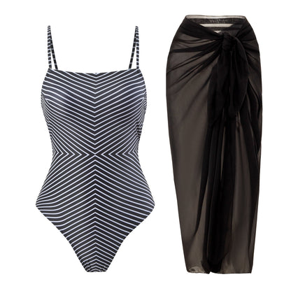 Stripe swimsuit with sarong