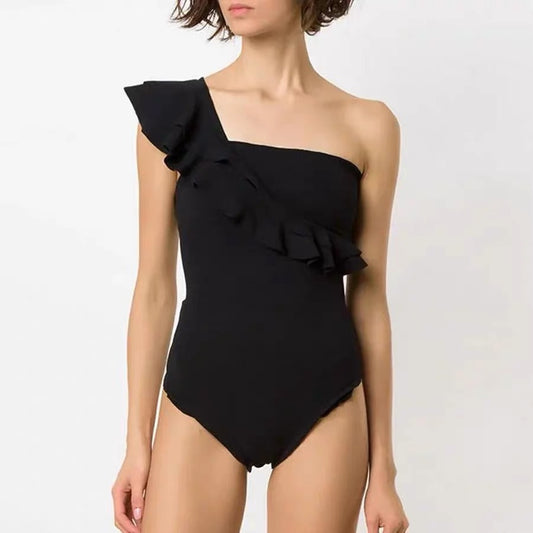 One shoulder swimsuit with matching skirt