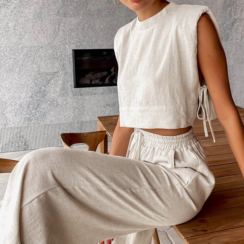 Padded shoulder two piece linen set