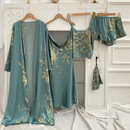 Four piece printed satin loungewear set