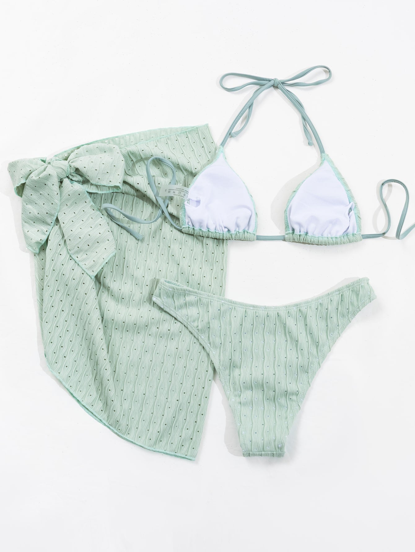 Three piece textured bikini set with matching sarong