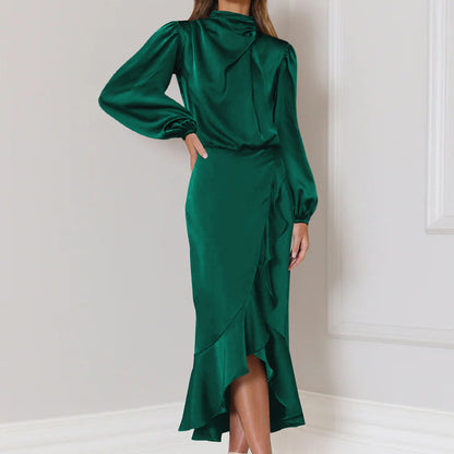 Full sleeve satin dress with ruffles