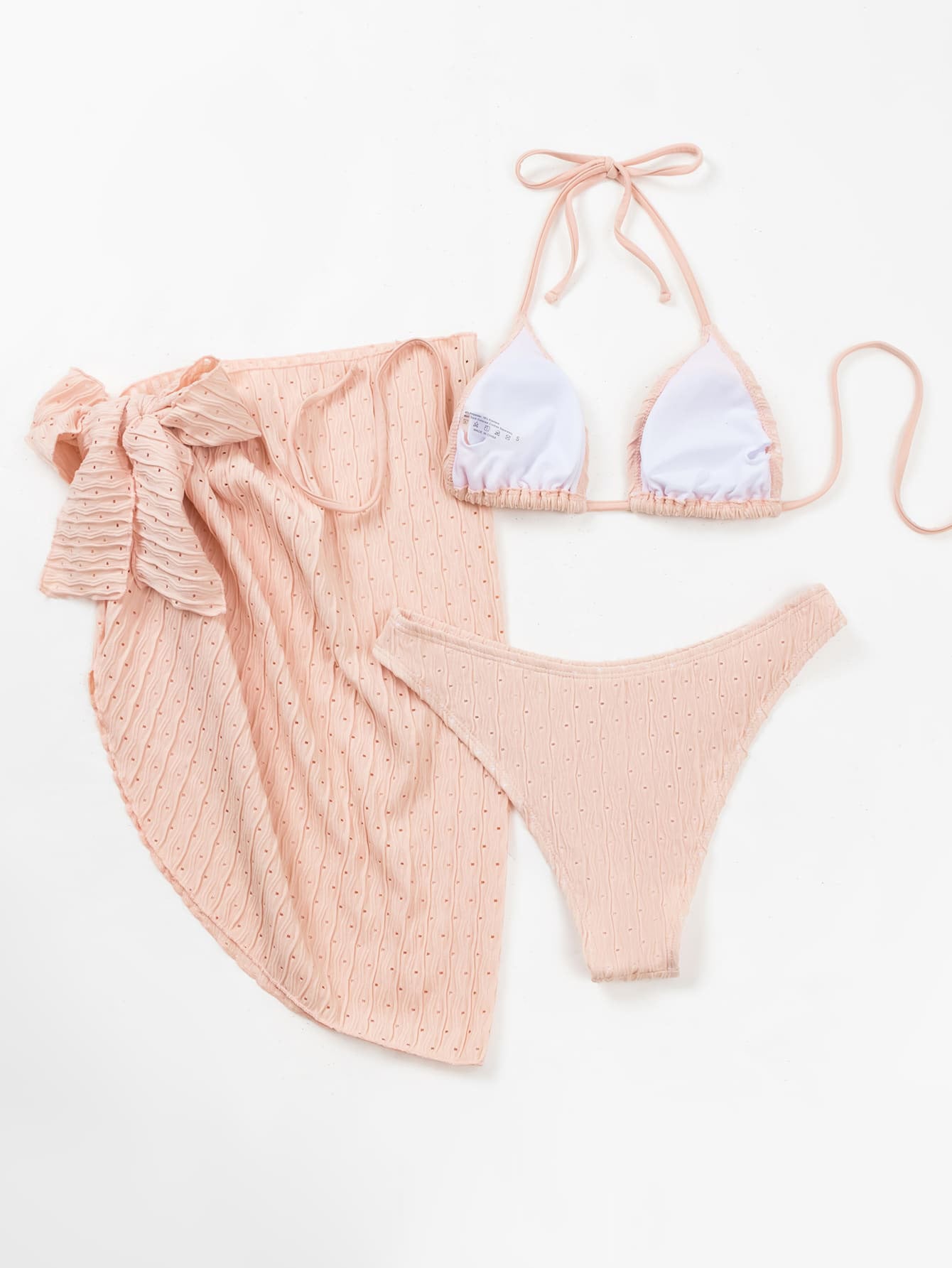 Three piece textured bikini set with matching sarong