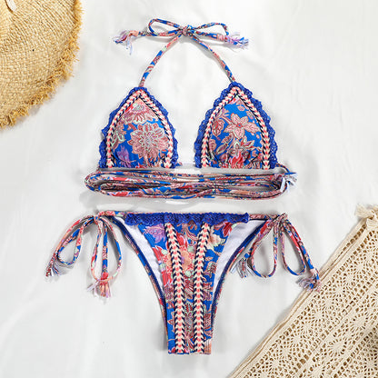 Printed bikini set with lace detail