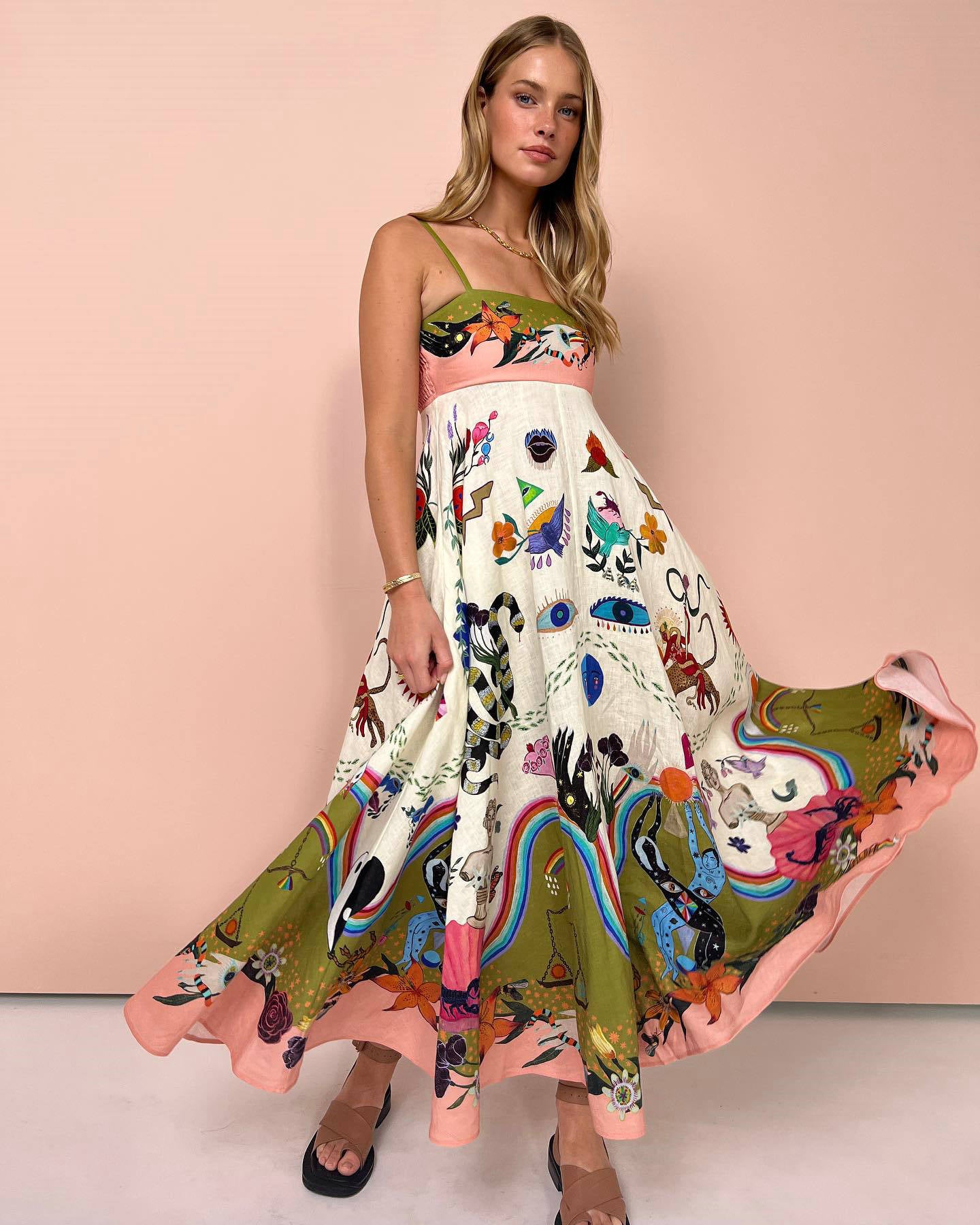 Printed linen blend maxi dress