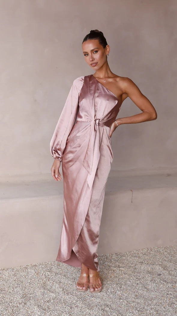 One shoulder satin maxi dress