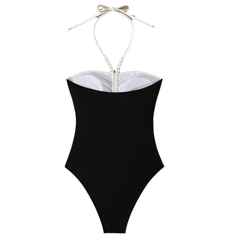 Monochrome swimsuit with bead trim