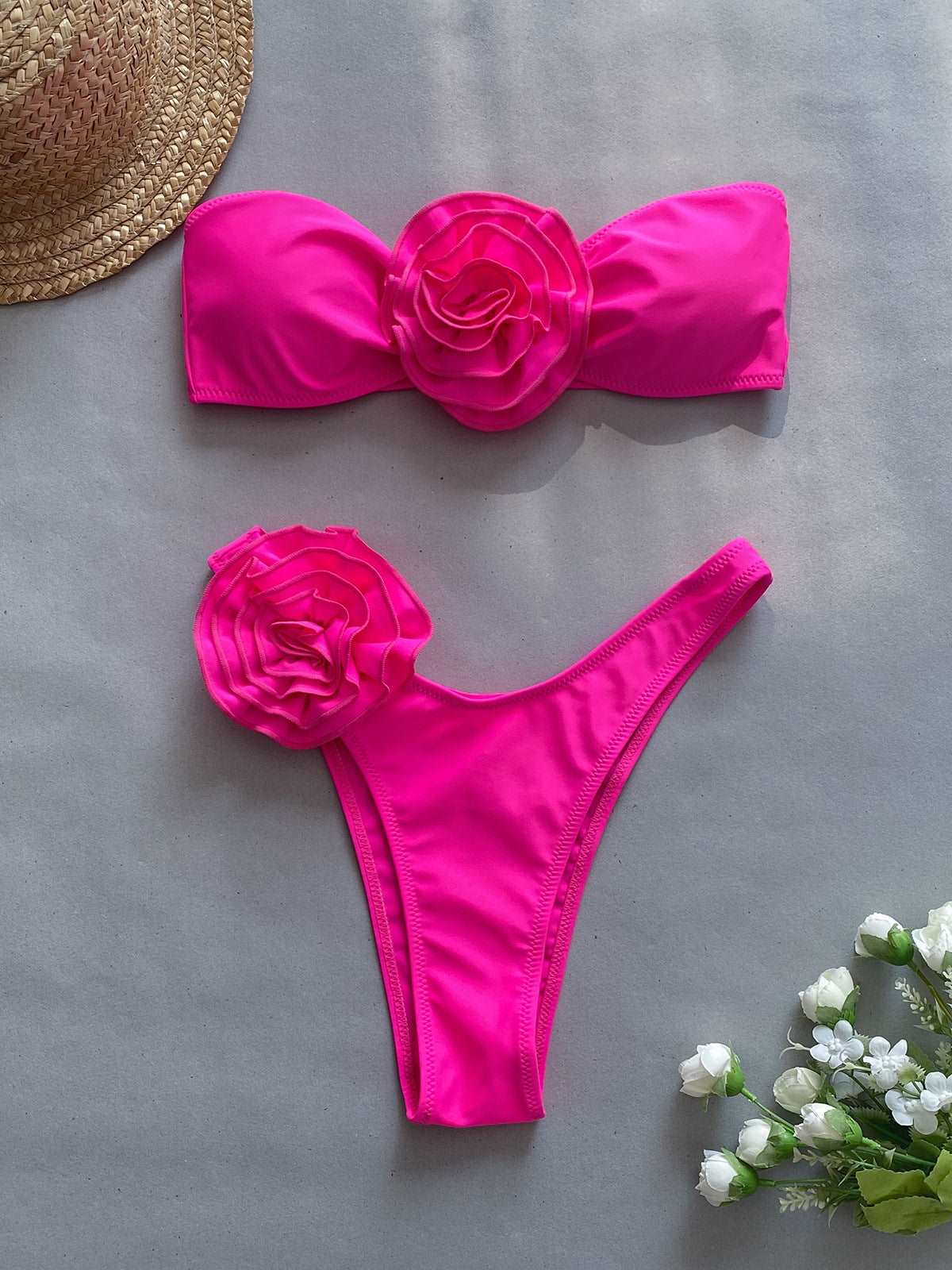 Bandeau bikini set with floral trim