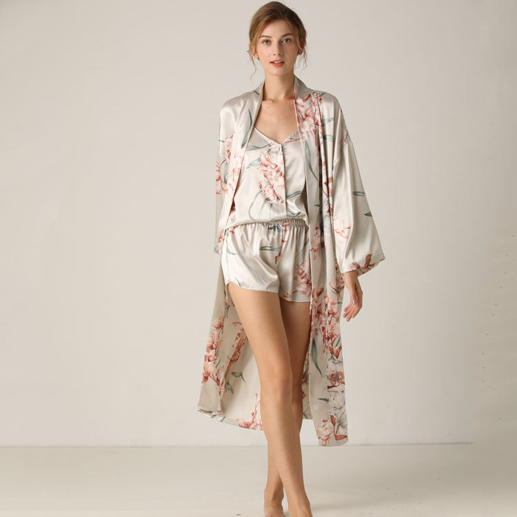 Three piece printed satin loungewear set