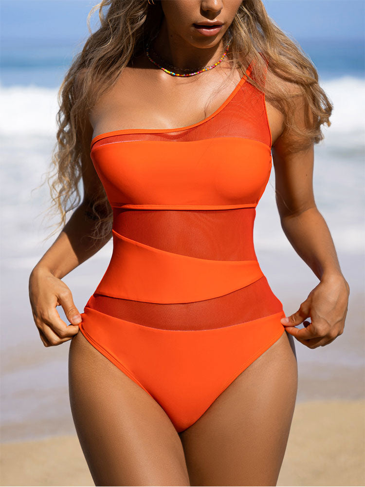 One shoulder mesh panel swimsuit