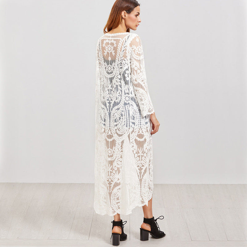 Long Embroidered Lace Beach Cover Up