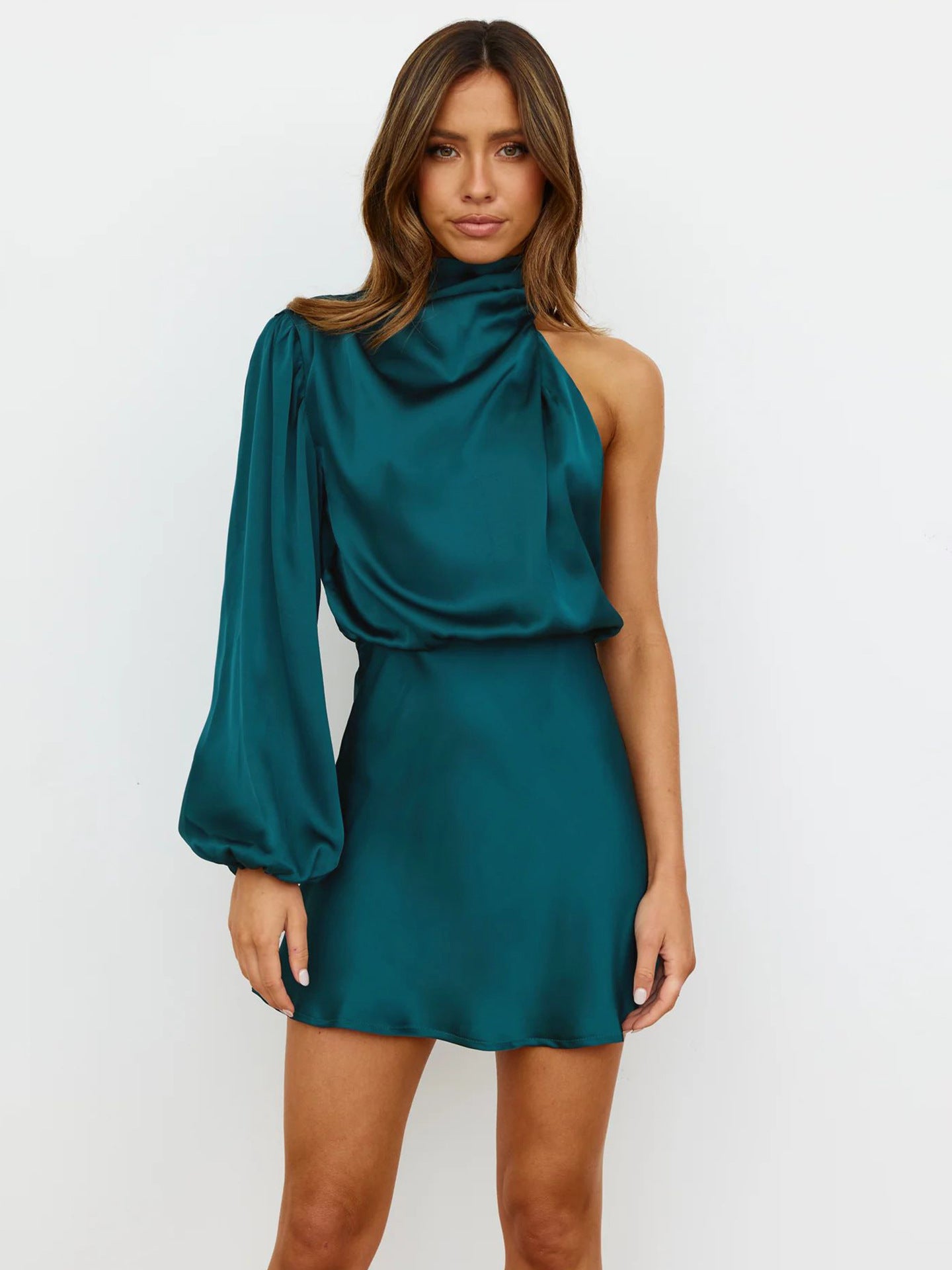 One shoulder short satin dress