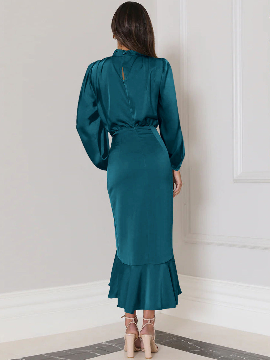 Full sleeve satin dress with ruffles