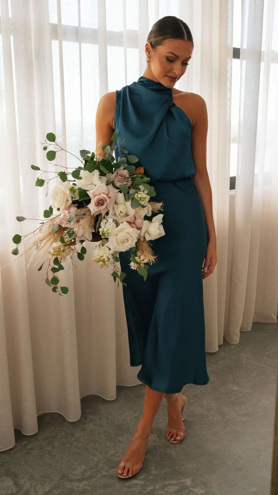 Sleeveless Halter neck Satin Dress