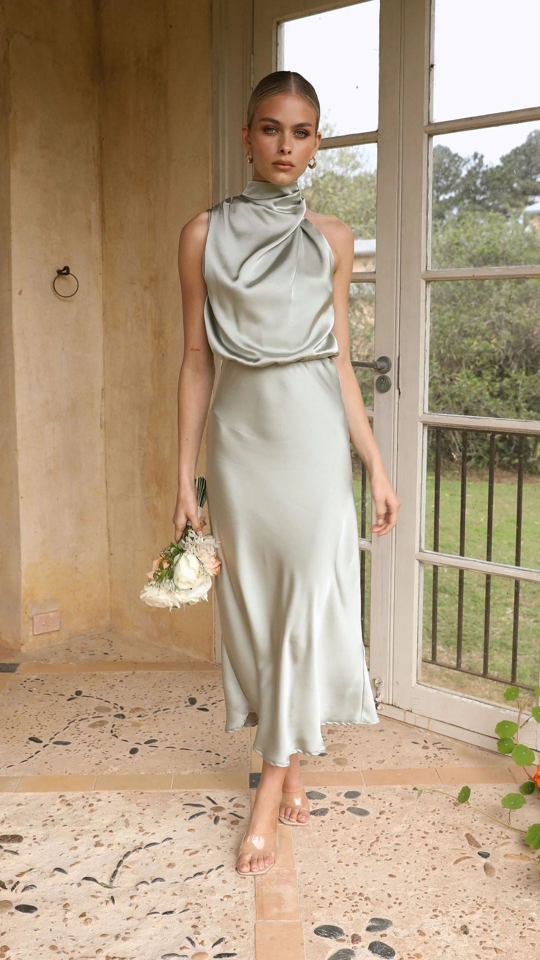 Sleeveless Halter neck Satin Dress