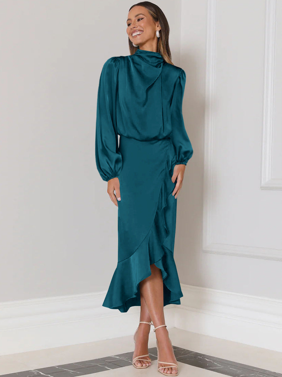 Full sleeve satin dress with ruffles