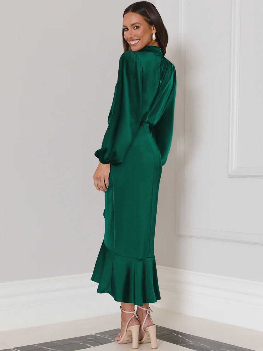 Full sleeve satin dress with ruffles