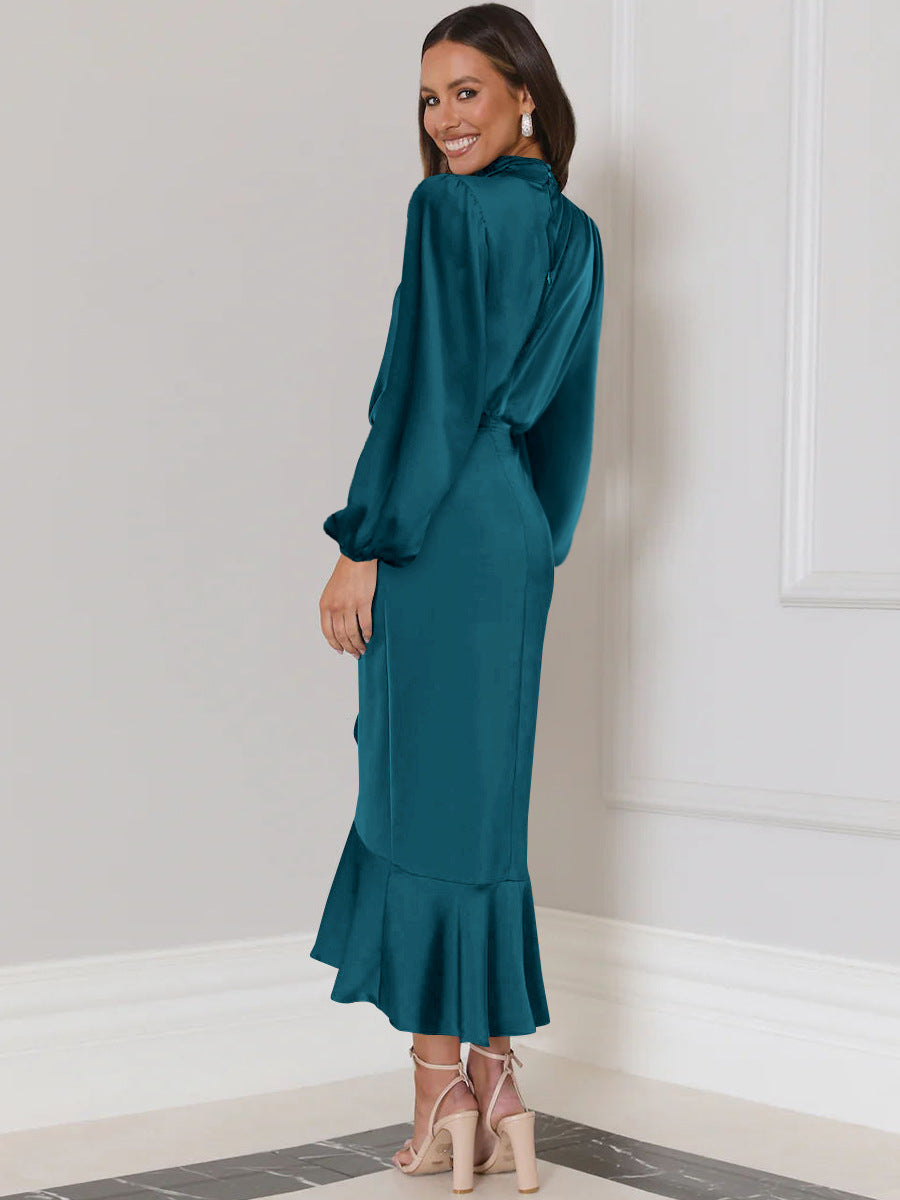 Full sleeve satin dress with ruffles