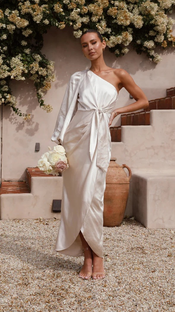 One shoulder satin maxi dress