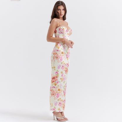 Printed maxi dress with lace trim