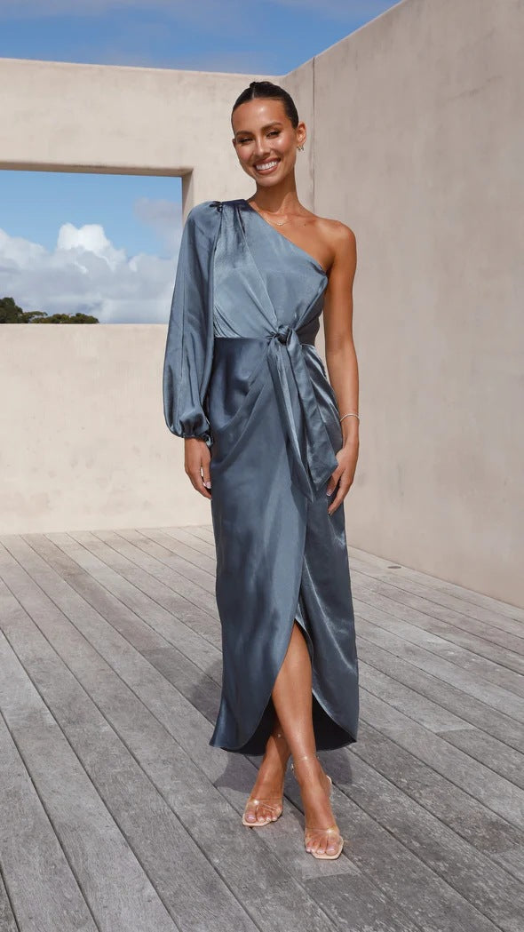 One shoulder satin maxi dress