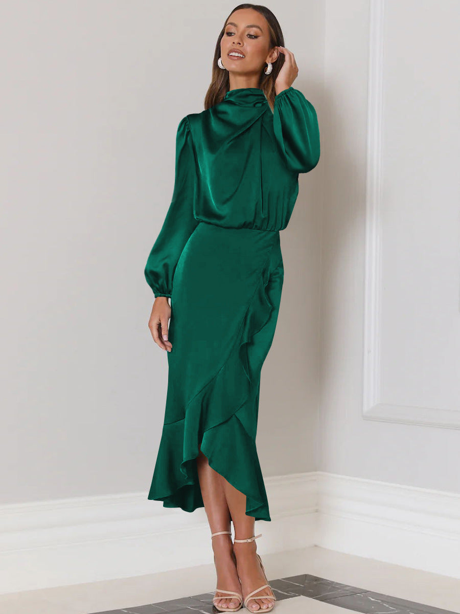 Full sleeve satin dress with ruffles