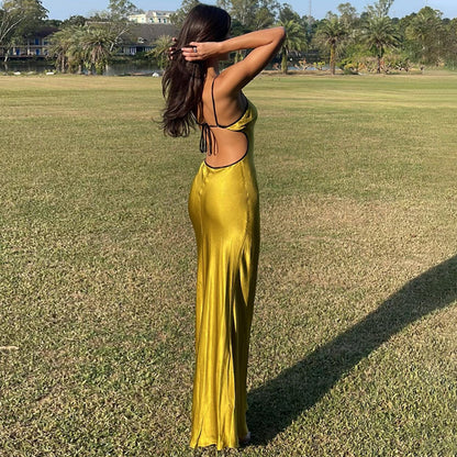 Golden satin maxi dress