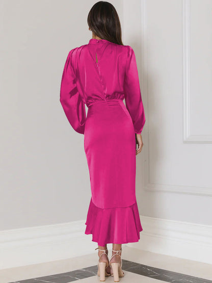 Full sleeve satin dress with ruffles