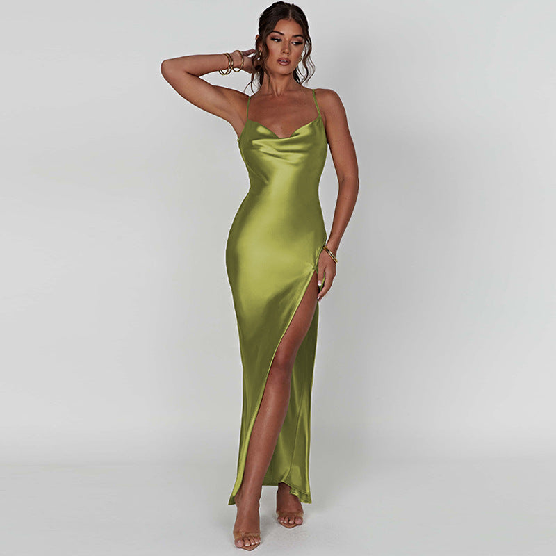 Draped neck satin maxi dress