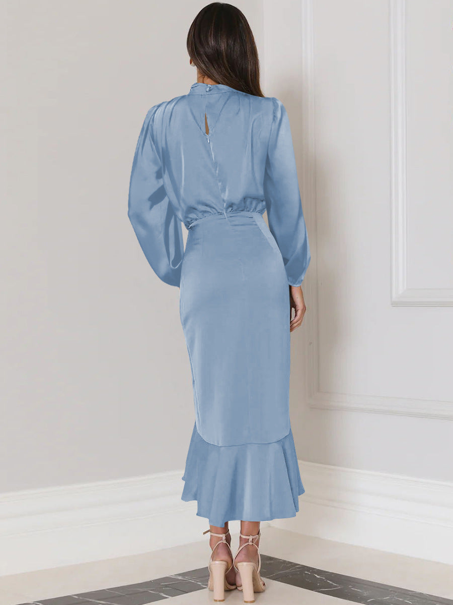 Full sleeve satin dress with ruffles