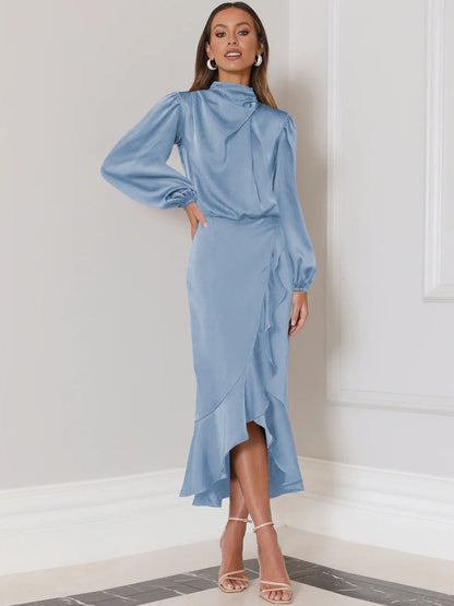 Full sleeve satin dress with ruffles