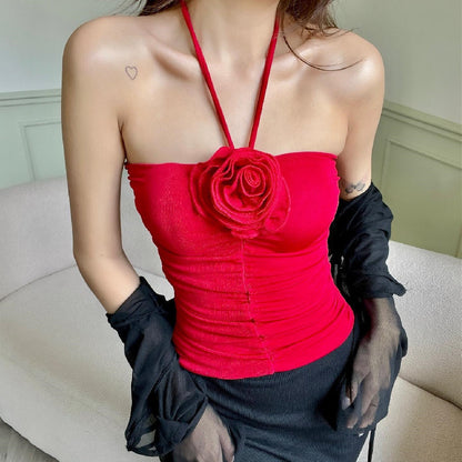 Halter neck top with 3D flower applique