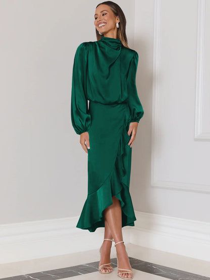 Full sleeve satin dress with ruffles