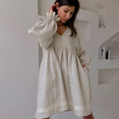 V neck linen blend dress