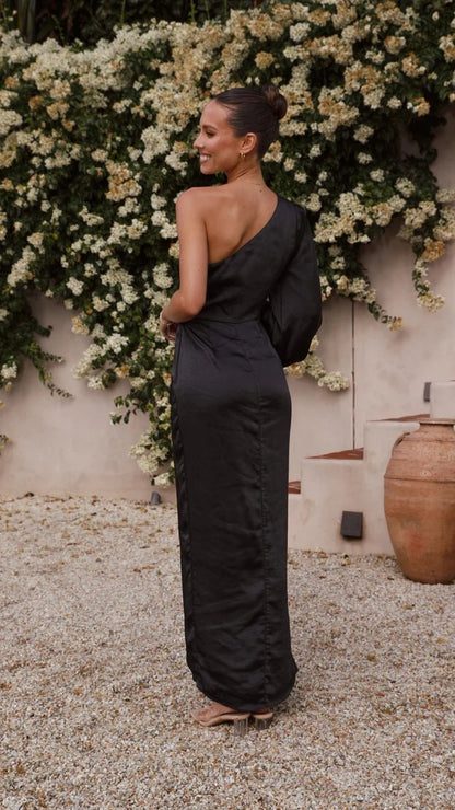 One shoulder satin maxi dress