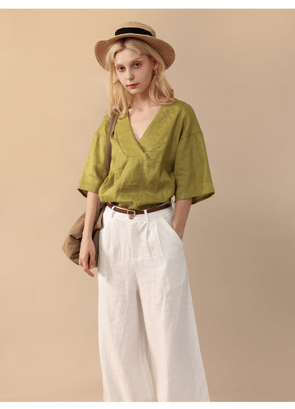 Linen blend straight leg trousers