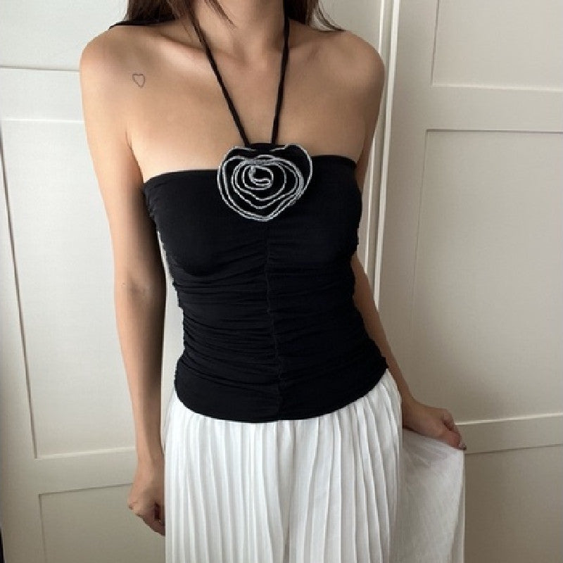 Halter neck top with 3D flower applique