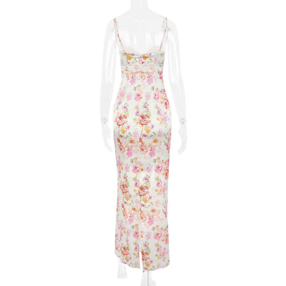 Printed maxi dress with lace trim