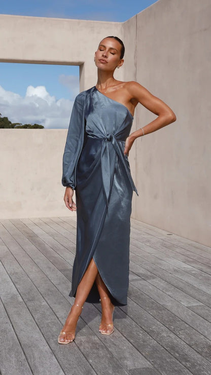 One shoulder satin maxi dress