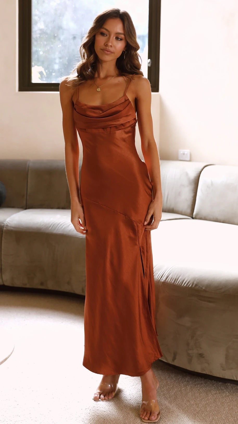 Satin dress with side split