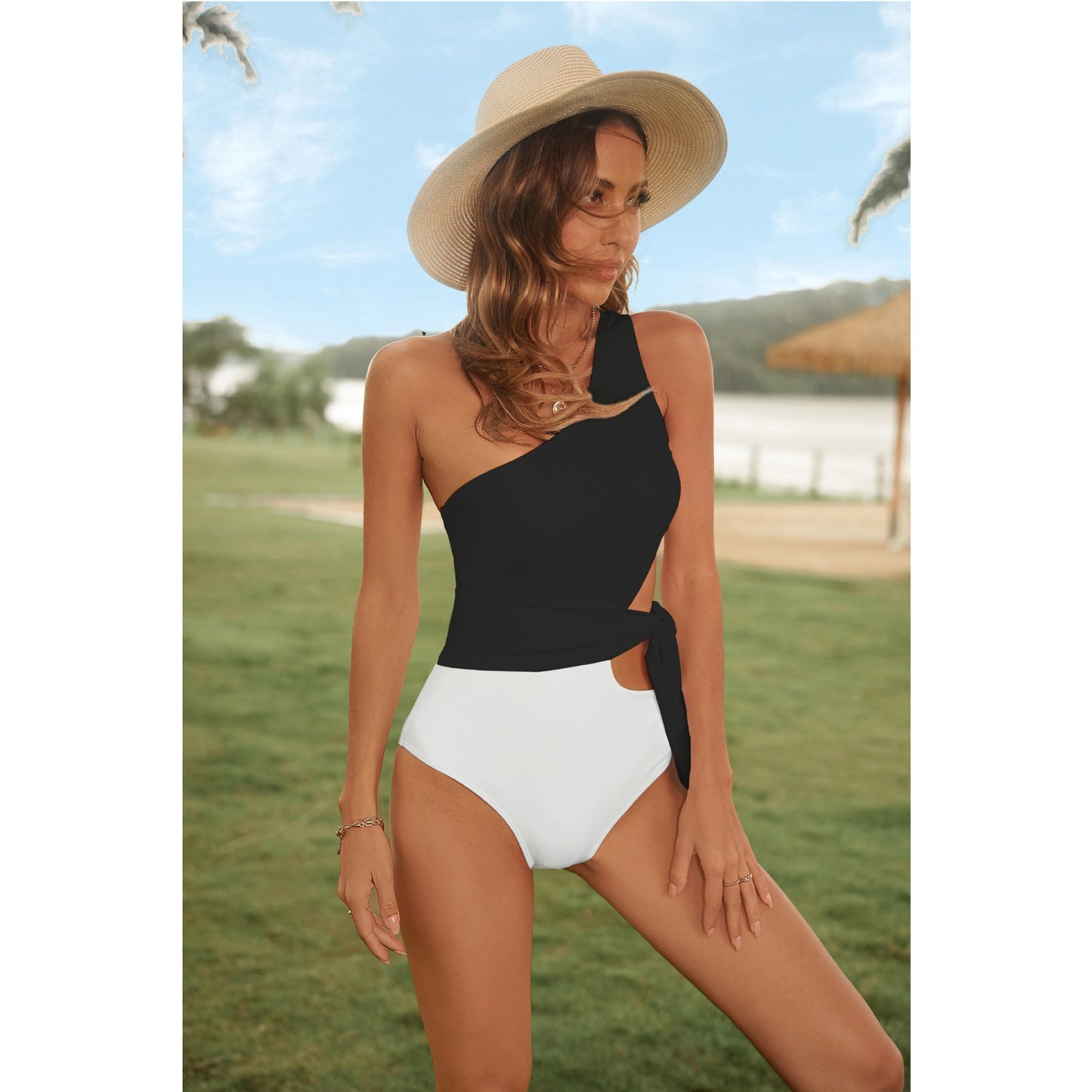 One shoulder side tie swimsuit