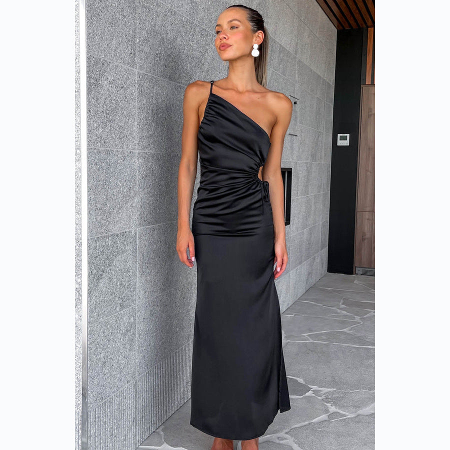 one shoulder satin dress with side split