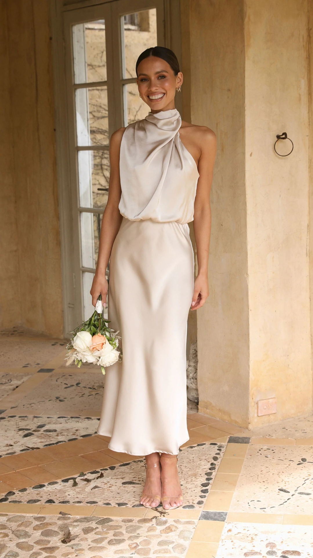 Sleeveless Halter neck Satin Dress